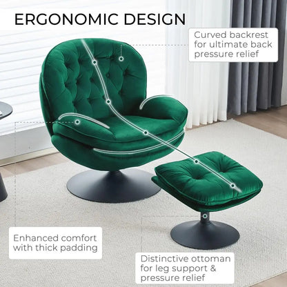 Green Velvet Swivel Chair and Ottoman Set for Living Room, Reading, TV Area, or Bedroom with 360-Degree Rotation