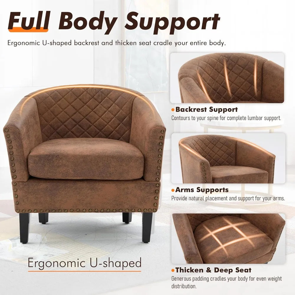 Accent PU Barrel Chair Set of 2 Living Room Chair, Upholstered Sofa Club Chair Set with Nail-Heads and Solid Wood Legs