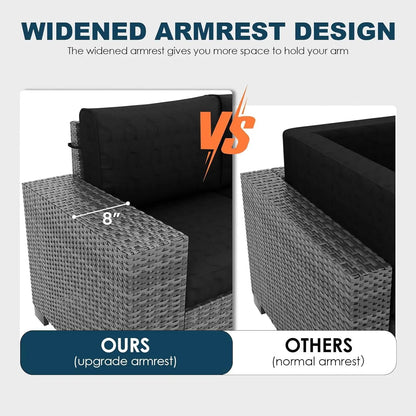 gray wicker outdoor sectional sofa set with 5-piece patio furniture and fire pit table