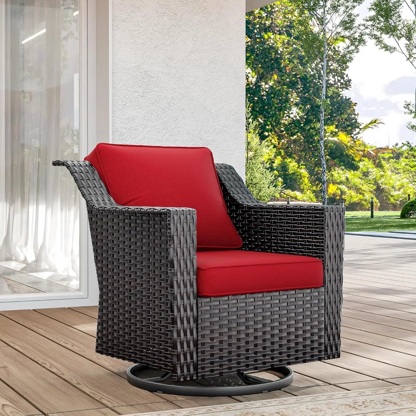 Wicker Patio Swivel Chairs, Outdoor Rocking Chair with Wide Armrest, Thickened Cushions, Patio Rattan Furniture for Deck, Porch