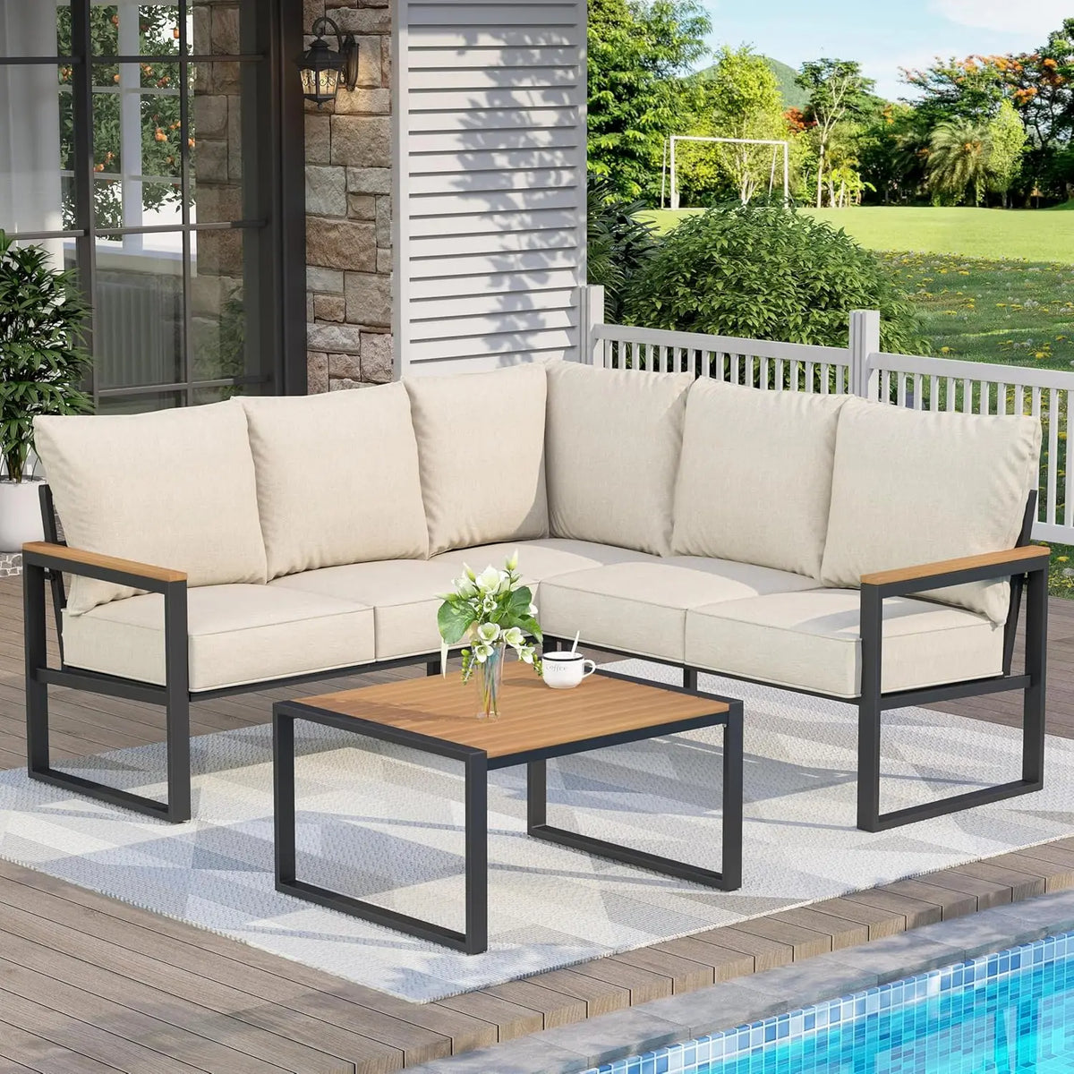 Patio Furniture Set, 4 Pieces Outdoor Furniture Patio Conversation Set with High Back, Faux-Wood Armrest and Tabletop, Outdoor C
