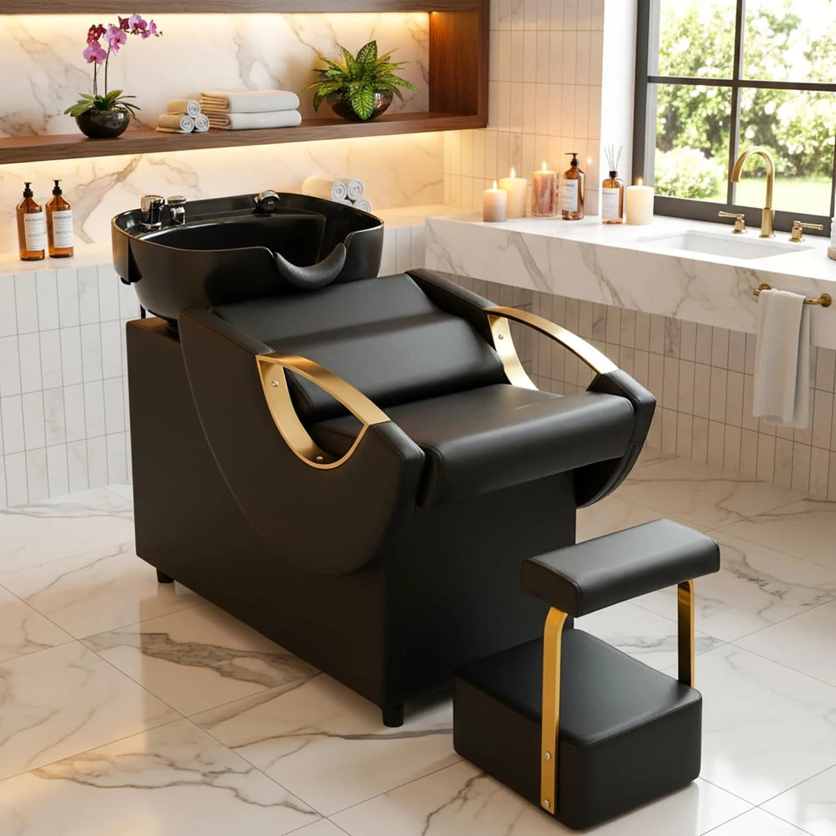 Shampoo Bowl and Chair Set, Luxury Salon Sinks Hair Washing Station for Hair Stylist, Shampoo Barber Backwash Chair for Home Spa