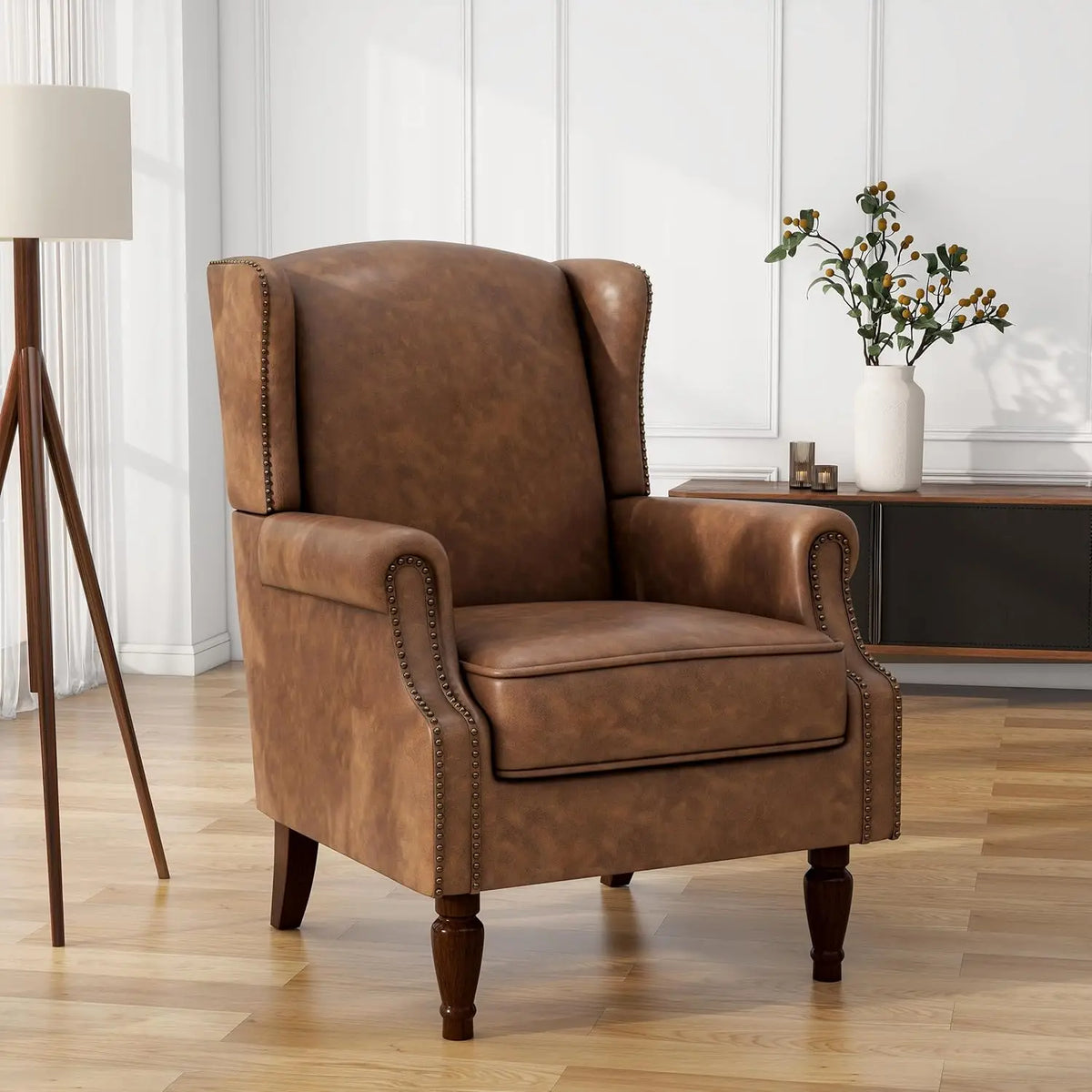 PU Leather High Back Accent Chair, Retro Wingback Armchair with Nail Trim, Solid Wood Legs - Brown