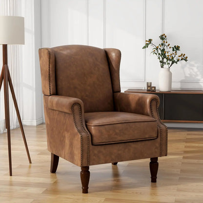 PU Leather High Back Accent Chair, Retro Wingback Armchair with Nail Trim, Solid Wood Legs - Brown