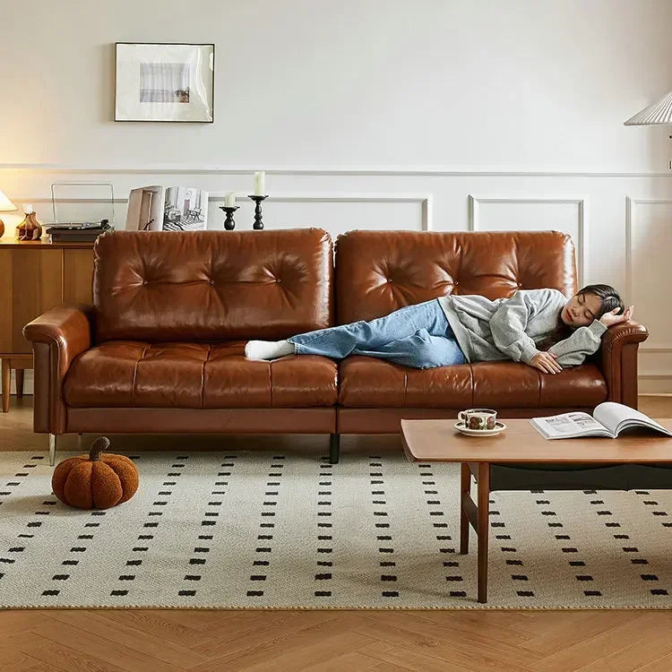 Nordic Italian light luxury medieval French plaid designer living room straight retro oil wax leather cowhide nebula sofa