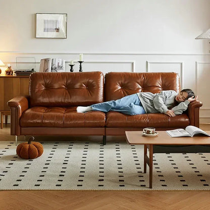 Nordic Italian light luxury medieval French plaid designer living room straight retro oil wax leather cowhide nebula sofa