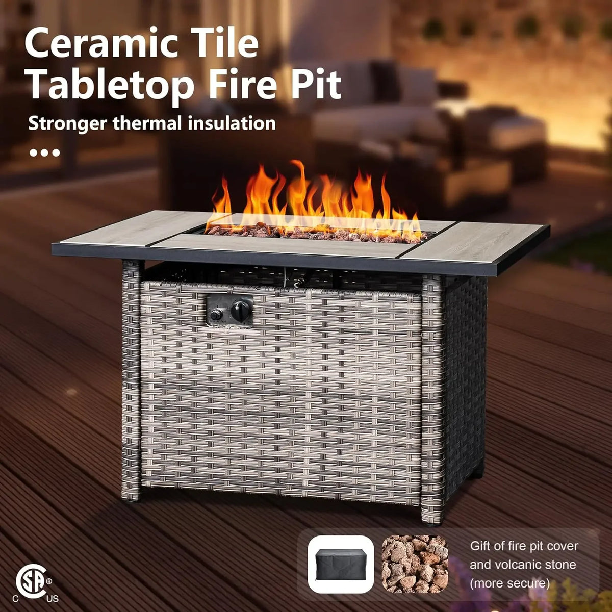 50,000 BTU Rectangular Propane Fire Pit Table 7-Piece High-Back Conversation Sofa and Matching Side Table,Grey Rattan Denim Blue