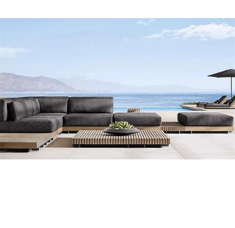 Nordic Solid Wood Villa Set Patio Outdoor Sofas Waterproof Sun Protection Balcony Leisure Recliner Light Luxury Garden Furniture