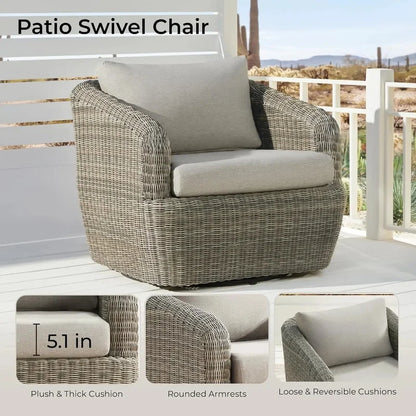 Swivel Rattan Chair with Removable Cushions for Outdoor Use, Perfect for Patios, Decks, and Sunrooms, Gray Cushions Included