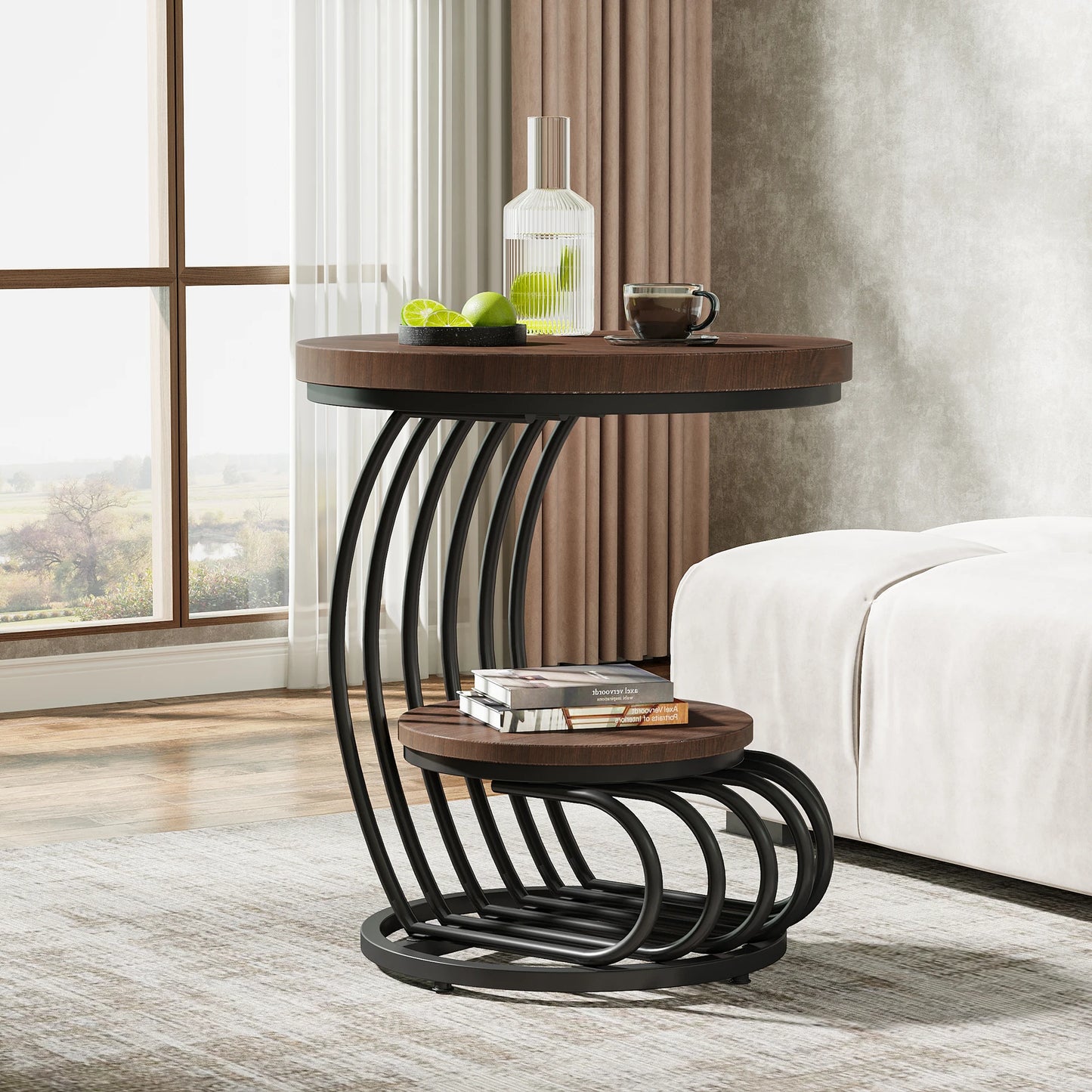 Tribesigns Gold Round End Table: 2 Tiers Faux Marble Side Table with Storage Shelf, Modern White Gold Bedside Nightstand