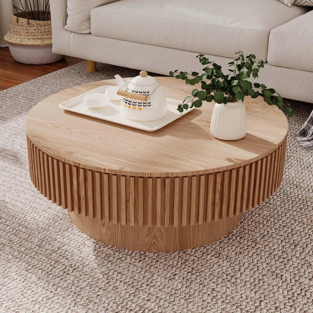 Hot-Sell! Round Coffee Table with Storage, Modern Wooden Coffee Table with Solid Wood Veneered, Circle Center Accent Tea Table