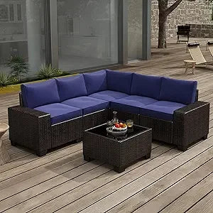 6 Pieces Patio Furniture Set, Outdoor Sectional Set of 6 w/Wide Armrest, Waterproof Wicker Conversation Set for Backyard, Deck,
