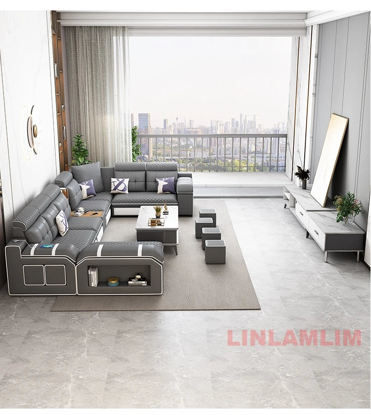 MANBAS Modern U-Shaped Fabric Sectional Sofa with Storage, Adjustable Headrests & USB Charging - Comfortable Quilted Upholstery