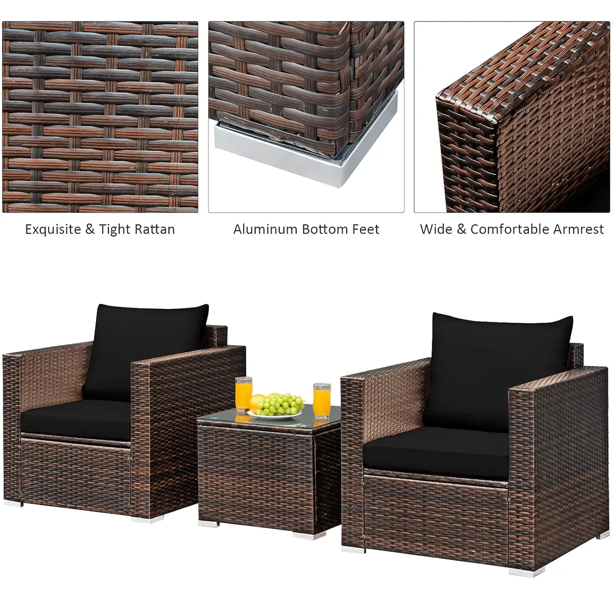 3 Pieces Patio Furniture Set, Outdoor Conversation Rattan Furniture Set w/Washable Cushion and Tempered Glass Tabletop, PE Ratta