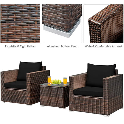 3 Pieces Patio Furniture Set, Outdoor Conversation Rattan Furniture Set w/Washable Cushion and Tempered Glass Tabletop, PE Ratta