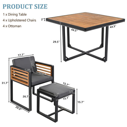 9-Pieces Acacia Wood Patio Dining Set, Space Saving Outdoor Patio Set, 4 Cushioned Chairs & 4 Ottomans & 1 Square Table