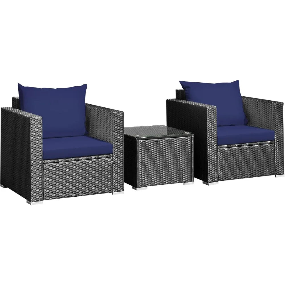 Three Piece Patio Set, Outdoor Rattan Sofa With Cushions, Tempered Glass Tabletop, Wicker Conversation Furniture