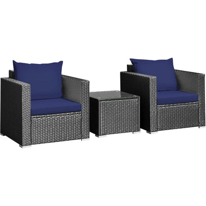 Three Piece Patio Set, Outdoor Rattan Sofa With Cushions, Tempered Glass Tabletop, Wicker Conversation Furniture