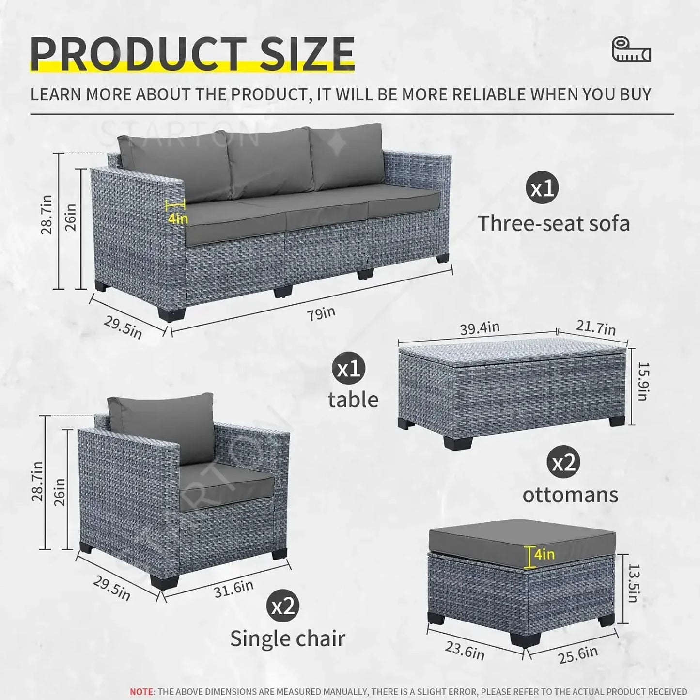 6 Pieces Wicker Patio Furniture Sets  PE Rattan Sectional Sofa Couch Storage Table and Grey Cushions