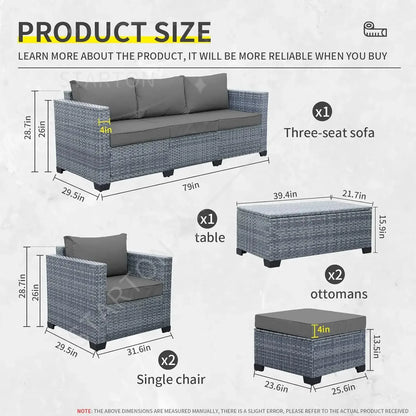 6 Pieces Wicker Patio Furniture Sets  PE Rattan Sectional Sofa Couch Storage Table and Grey Cushions