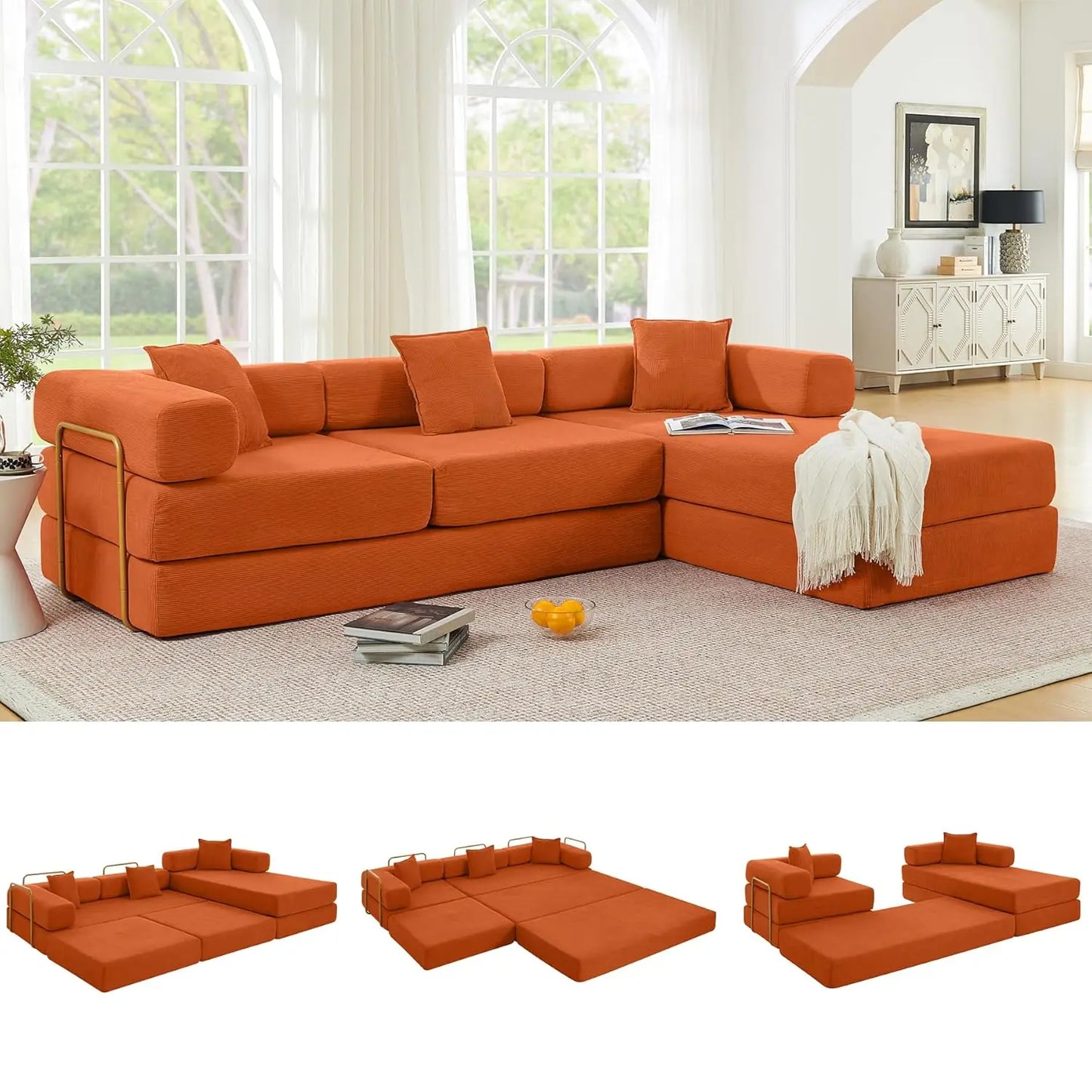 108" Oversize Convertible Sleeper Sectional Sofa Bed Corduroy L Shape Folding Frame Modular Living Room Black, Customized