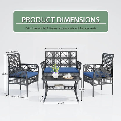 4-Piece Patio Furniture Set, Weather-Resistant Rattan Patio Conversation Set with Two-Tier Coffee Table, Upholstered Openwork