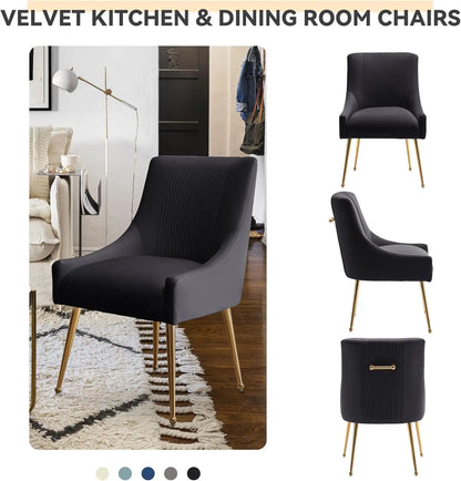 Modern Velvet Dining Chairs Set of 2 with Gold Legs, Tufted Black Upholstered Chairs for Living Room, Study, Reception