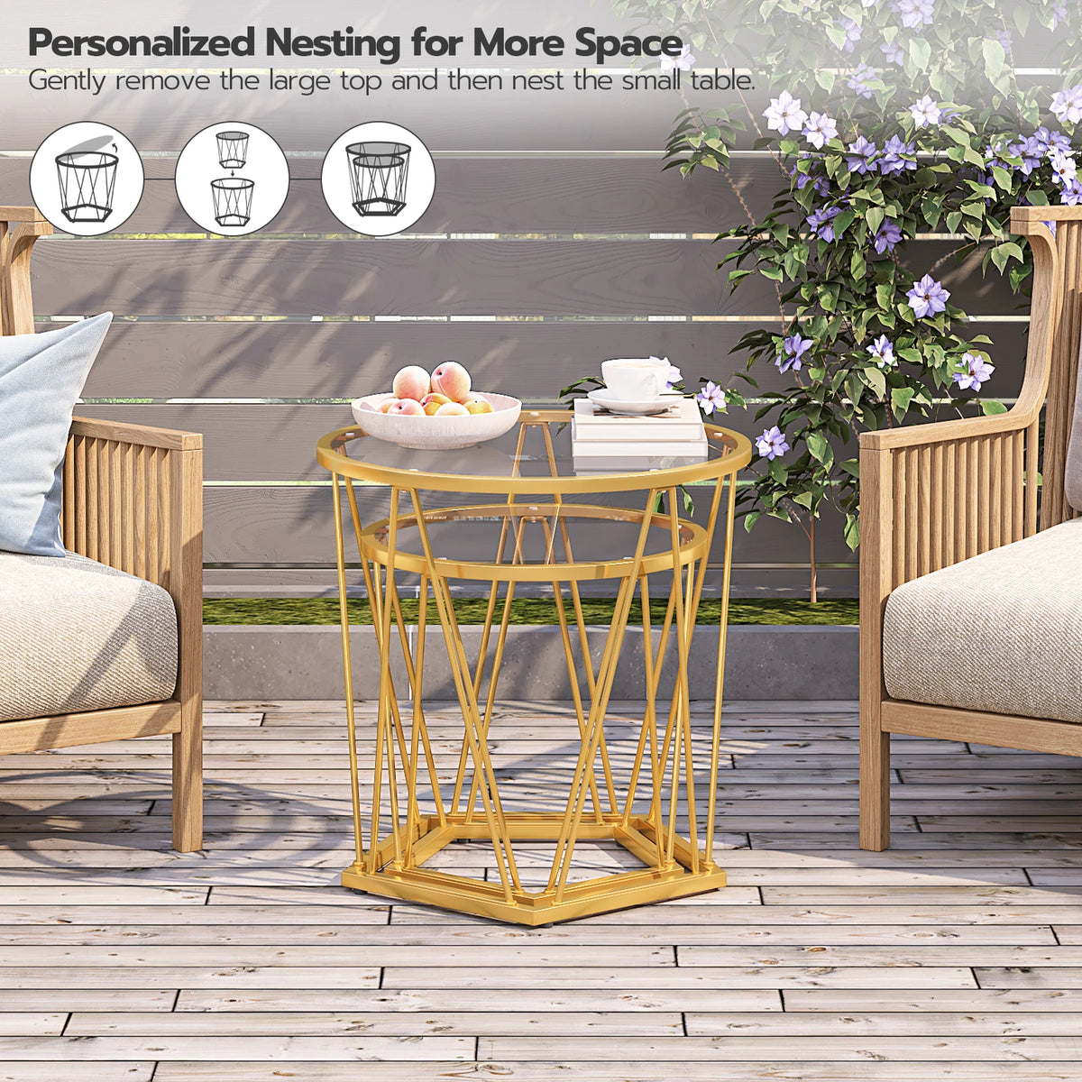 HOOBRO Coffee Table Set of 2 Round Coffee End Table with Metal Frame Glass Top Gold Side Table for Living Room and Balcony