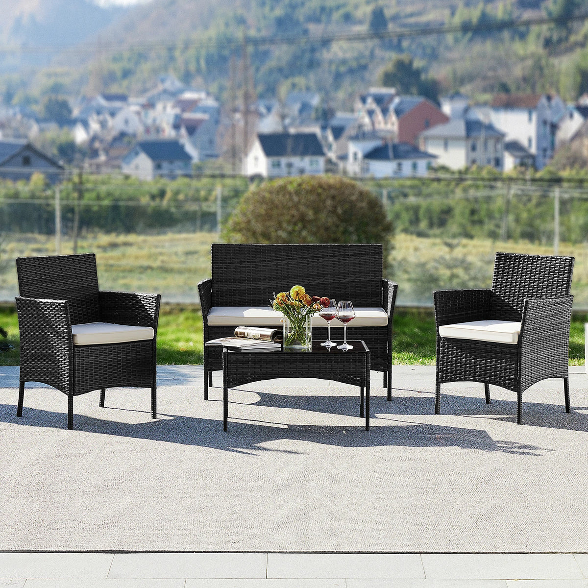 JHK 4 Piece Outdoor Patio Furniture Set with Soft Cushion and Glass Table Manual Weaving Wicker Rattan Patio Chairs For Garden
