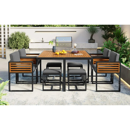 9-Pieces Acacia Wood Patio Dining Set, Space Saving Outdoor Patio Set, 4 Cushioned Chairs & 4 Ottomans & 1 Square Table