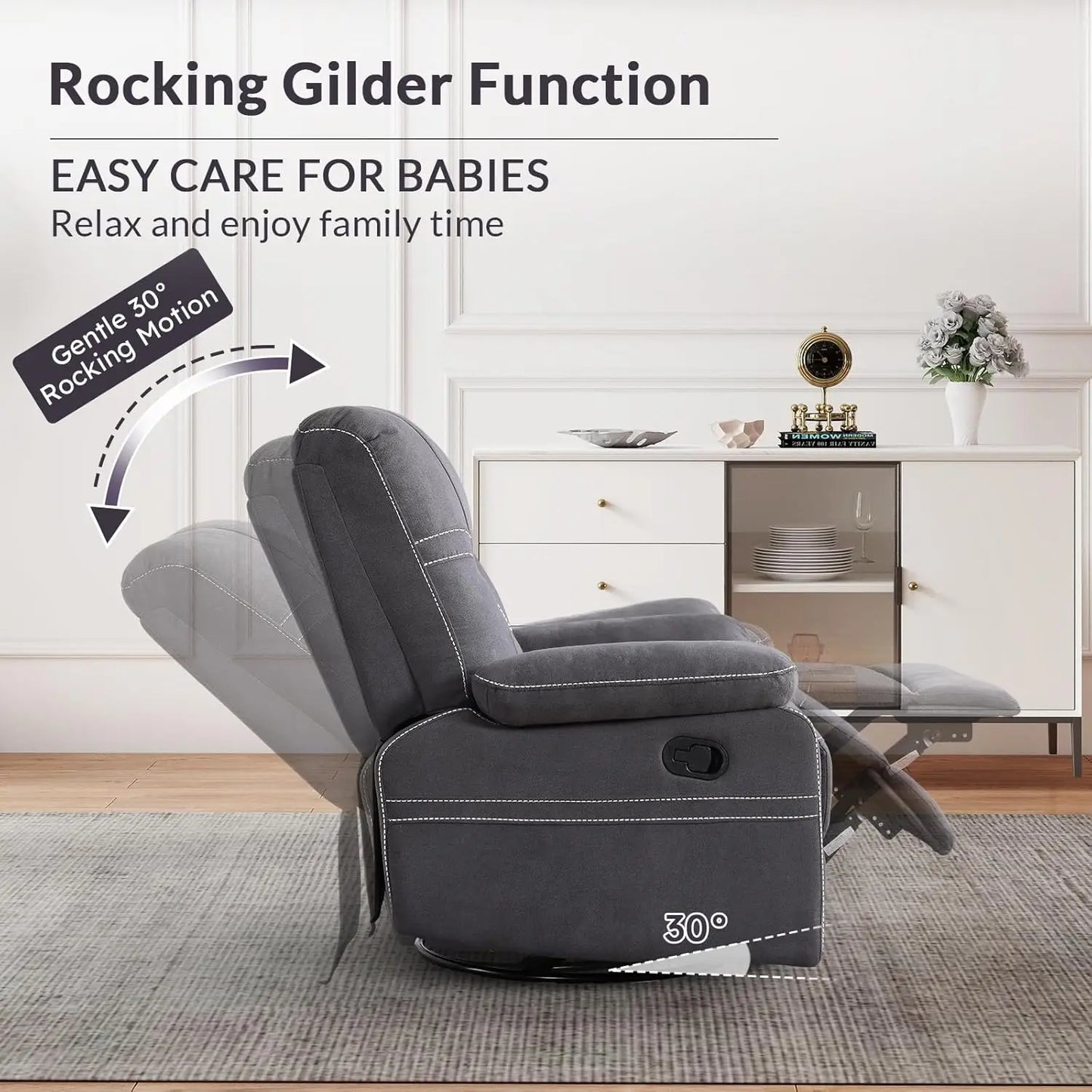 360° Swivel Rocker Recliner Chair For Adults, Manual RockingRecliner Chair With Overstuffed Backrest And Armrests,, Customized