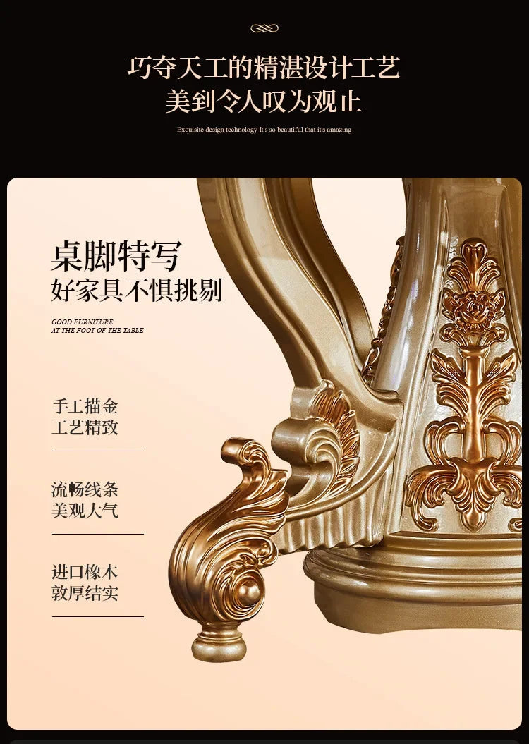 A07 European dining table and chair combination glass surface classical luxury solid wood carving flower round table with turnta