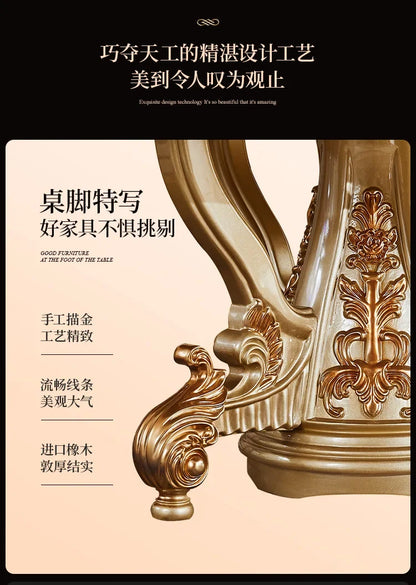 A07 European dining table and chair combination glass surface classical luxury solid wood carving flower round table with turnta