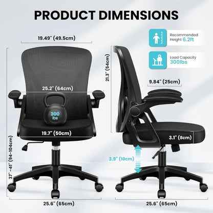 Office Chair, Ergonomic Home Computer Desk Chairs, Comfy Breathable Mesh Chair with Adjustable Lumbar Support Flip-up Armrests