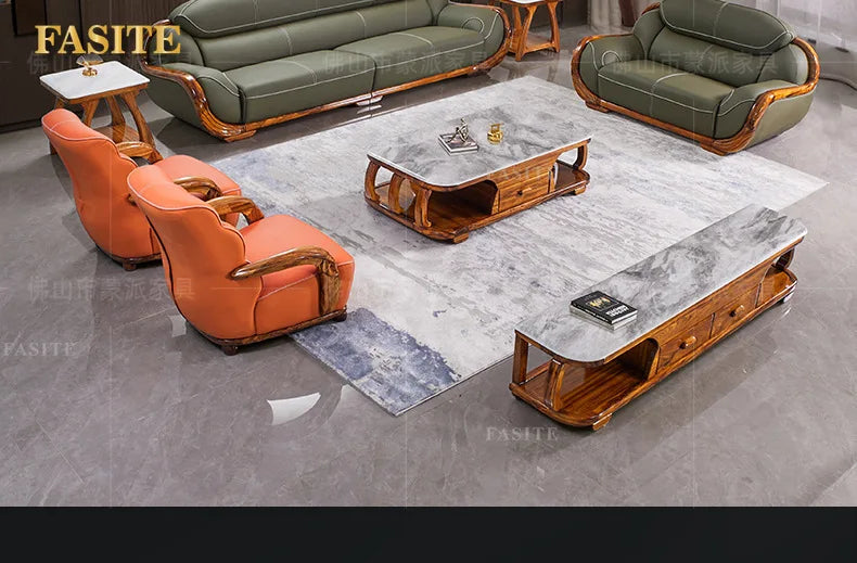 Ebony leather sofa first layer cowhide new Chinese high-end villa living room large apartment solid wood