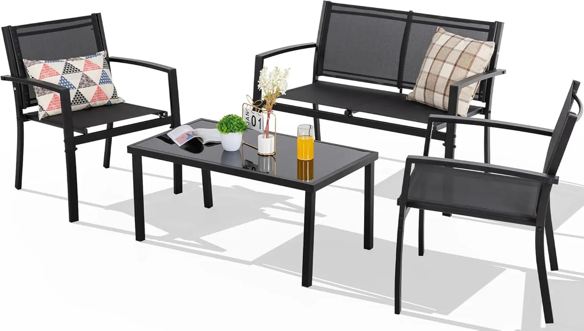 Curated Design 4 Pieces Patio Furniture Set All Weather Textile Fabric Outdoor Conversation Set, with Glass Coffee Table, Lov