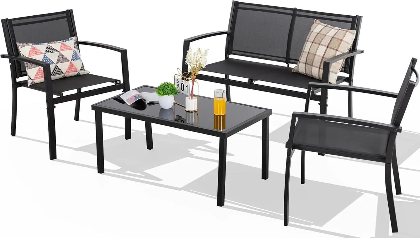 Curated Design 4 Pieces Patio Furniture Set All Weather Textile Fabric Outdoor Conversation Set, with Glass Coffee Table, Lov
