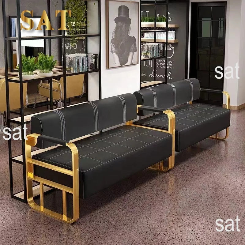 */Beauty Salon Barbershop Waiting Area Furniture Gold Metal Frame Leather Double Seats Room Chair