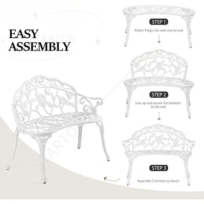 Outdoor patio bench, cast aluminum frame with antique finish, a garden rose bench
