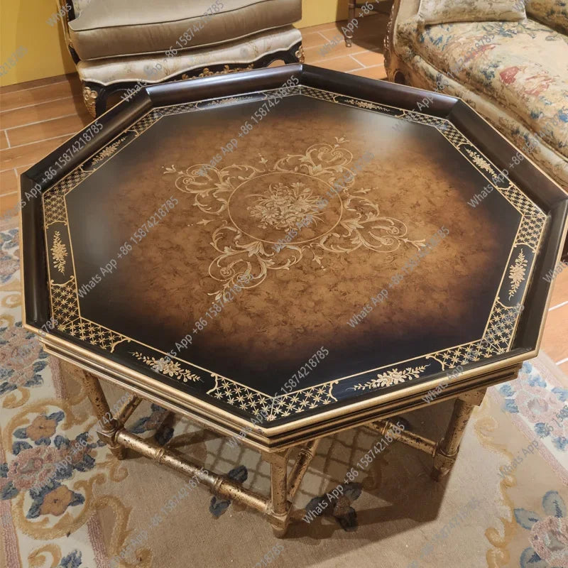Xx French European Style Country Style Sticker Gold Foil Hand Painted Dark Black Brown Octagonal Tray Shape Coffee Table
