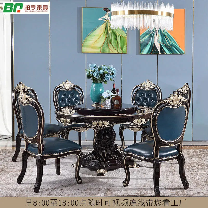 European round dining table and chair combination neoclassical American solid wood high-end leather dining chair piano paint