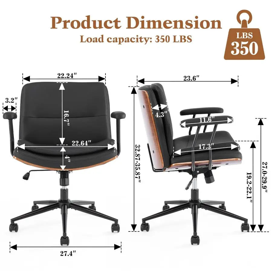 Office Desk Chair with Armrests amp Wheels, Modern Walnut Swivel Rolling Executive Task Chair, PU Leather Vanity Chair with Lumb