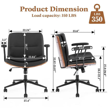 Office Desk Chair with Armrests amp Wheels, Modern Walnut Swivel Rolling Executive Task Chair, PU Leather Vanity Chair with Lumb