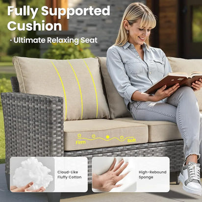 Patio Furniture Set, 5 Pieces Outdoor Wicker Sofa Couch with Chairs, Ottomans and Comfy Cushions, All Weather High Back Rattan