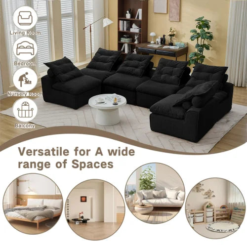 Modular black sofa with 6 seats, no armrests, DIY at will, corduroy fabric, neck pillow, rear porch sofa chair