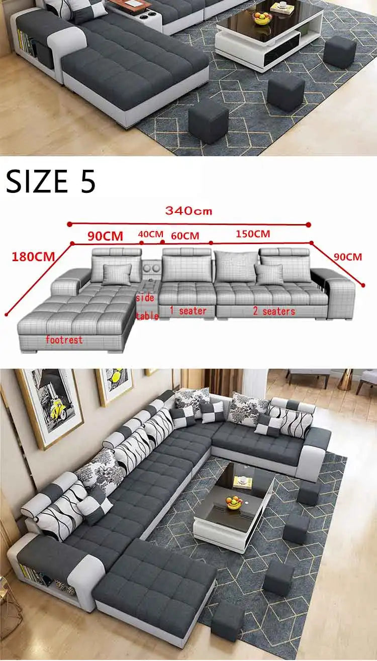 Modern Fabric Sofa Set Furniture Living Room Sofa Set with USB and Stools U Shape Cloth Couch Sofas for Home Furniture 1903