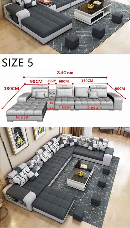 Modern Fabric Sofa Set Furniture Living Room Sofa Set with USB and Stools U Shape Cloth Couch Sofas for Home Furniture 1903