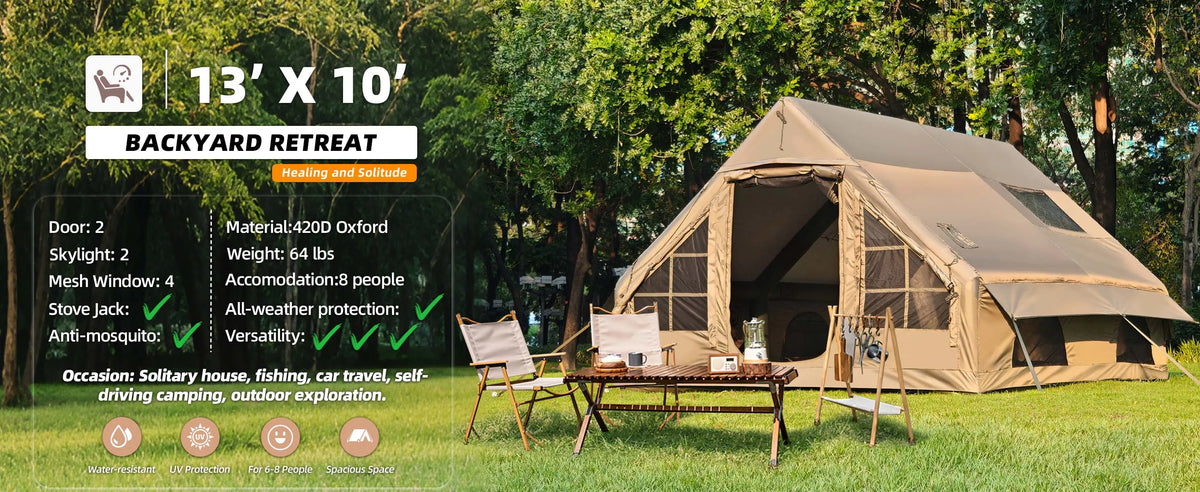 129 Square Feet Green Inflatable Camping Tent with Hand Pump,Waterproof Windproof Outdoor Blow up Tent with Chimney Stack