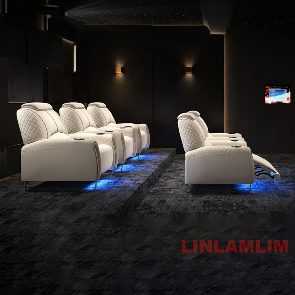 Luxury Electric Recliner Theater Seating Sofa – Modern Home Theater Chairs with LED Lighting, USB, Massage, Cooling Cup Holder