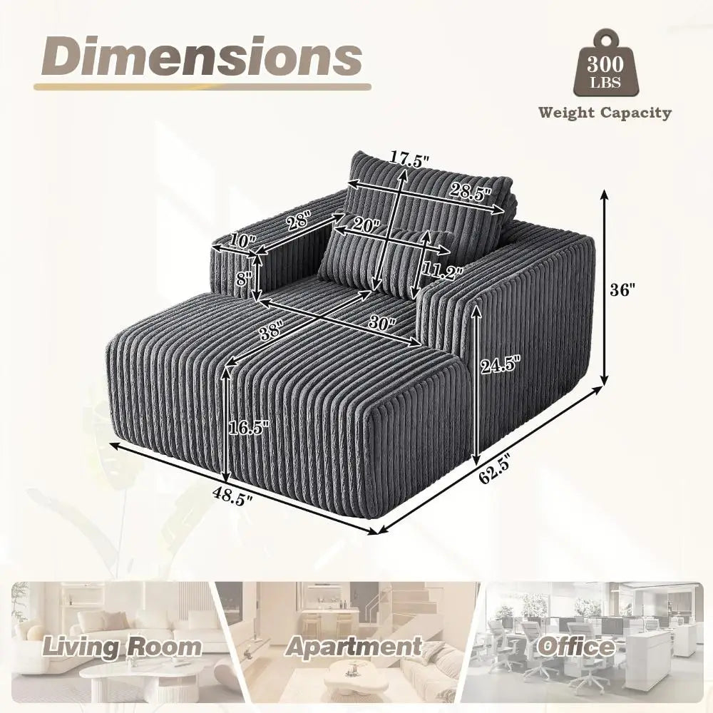 Oversized Chaise Longue Chair Indoor, Modern 48.5-inch Upholstered Corduroy Deep Seat Single Cloud Lounge Floor Sofa Couch